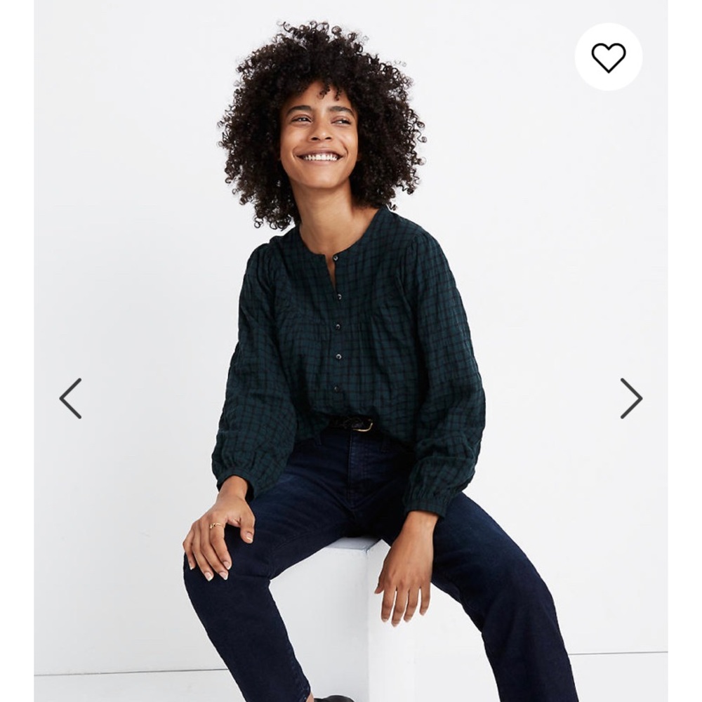 New Madewell Plaid Balloon Sleeve Peasant Top